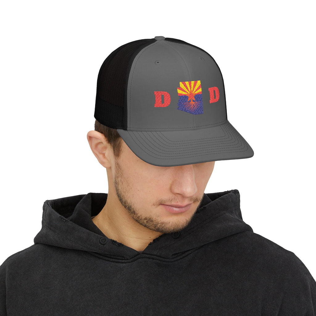 Arizona Dad Snapback Trucker Hat — State Flag Outline with 'DAD' Retro Sunburst Design