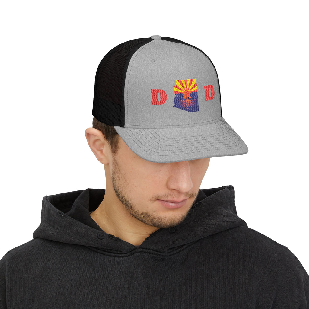 Arizona Dad Snapback Trucker Hat — State Flag Outline with 'DAD' Retro Sunburst Design