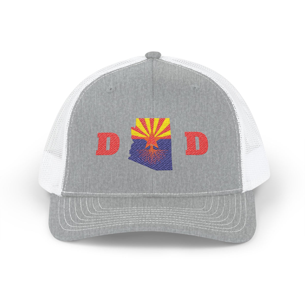 Arizona Dad Snapback Trucker Hat — State Flag Outline with 'DAD' Retro Sunburst Design