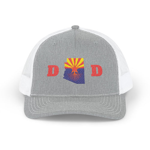 Arizona Dad Snapback Trucker Hat — State Flag Outline with 'DAD' Retro Sunburst Design