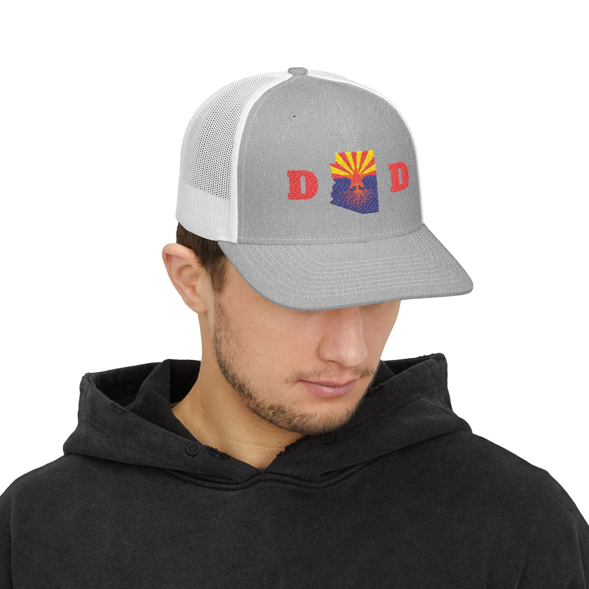 Arizona Dad Snapback Trucker Hat — State Flag Outline with 'DAD' Retro Sunburst Design