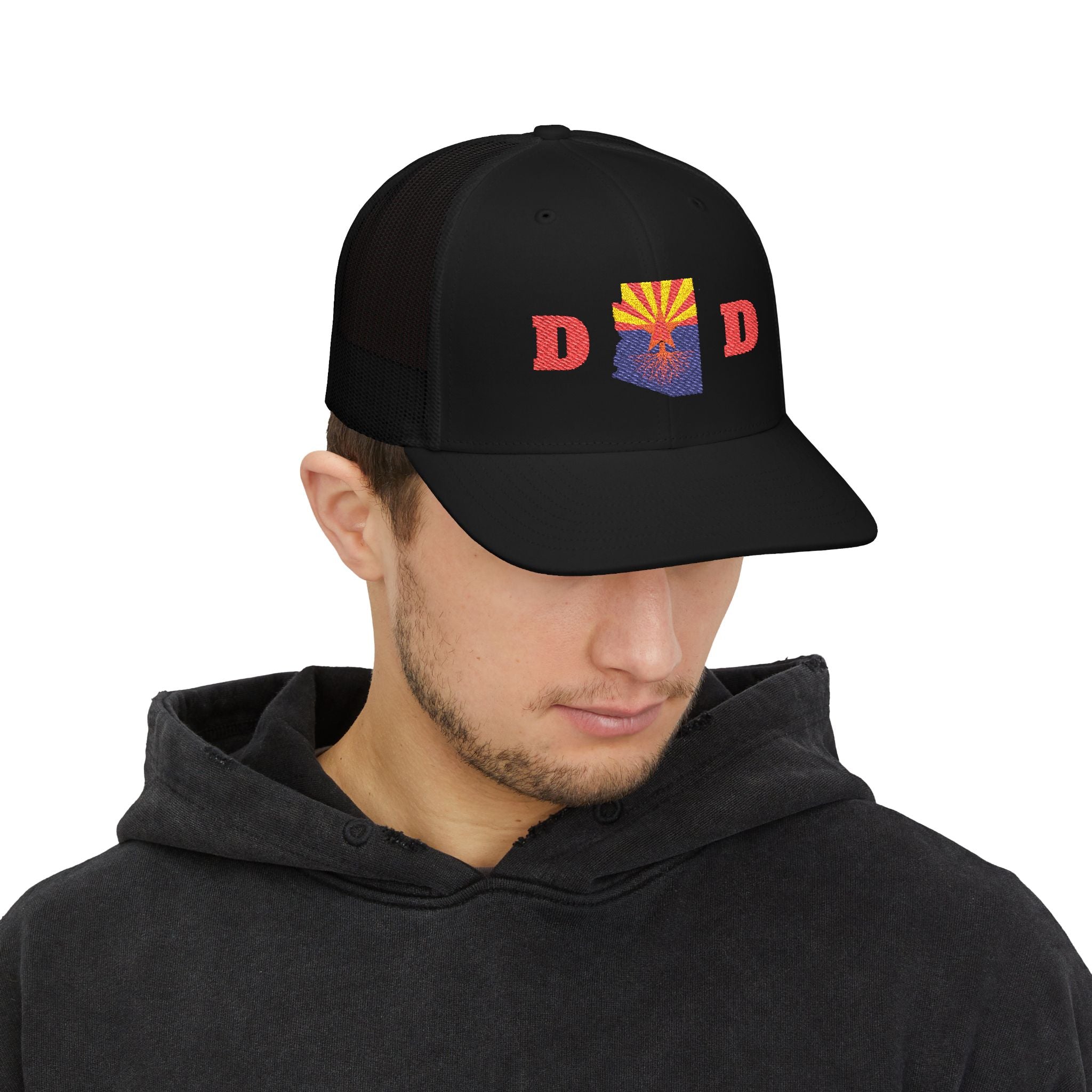 Arizona Dad Snapback Trucker Hat — State Flag Outline with 'DAD' Retro Sunburst Design