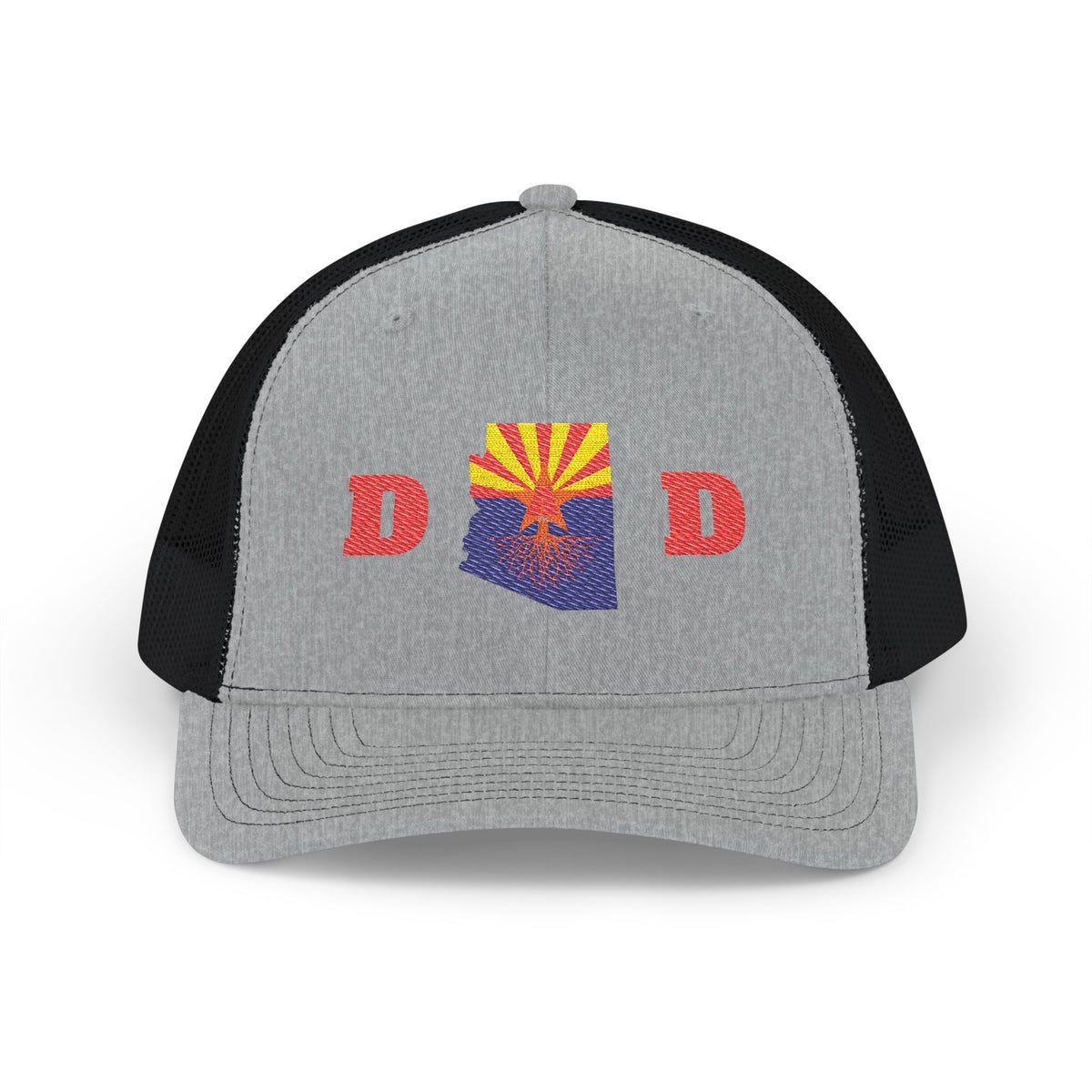 Arizona Dad Snapback Trucker Hat — State Flag Outline with 'DAD' Retro Sunburst Design