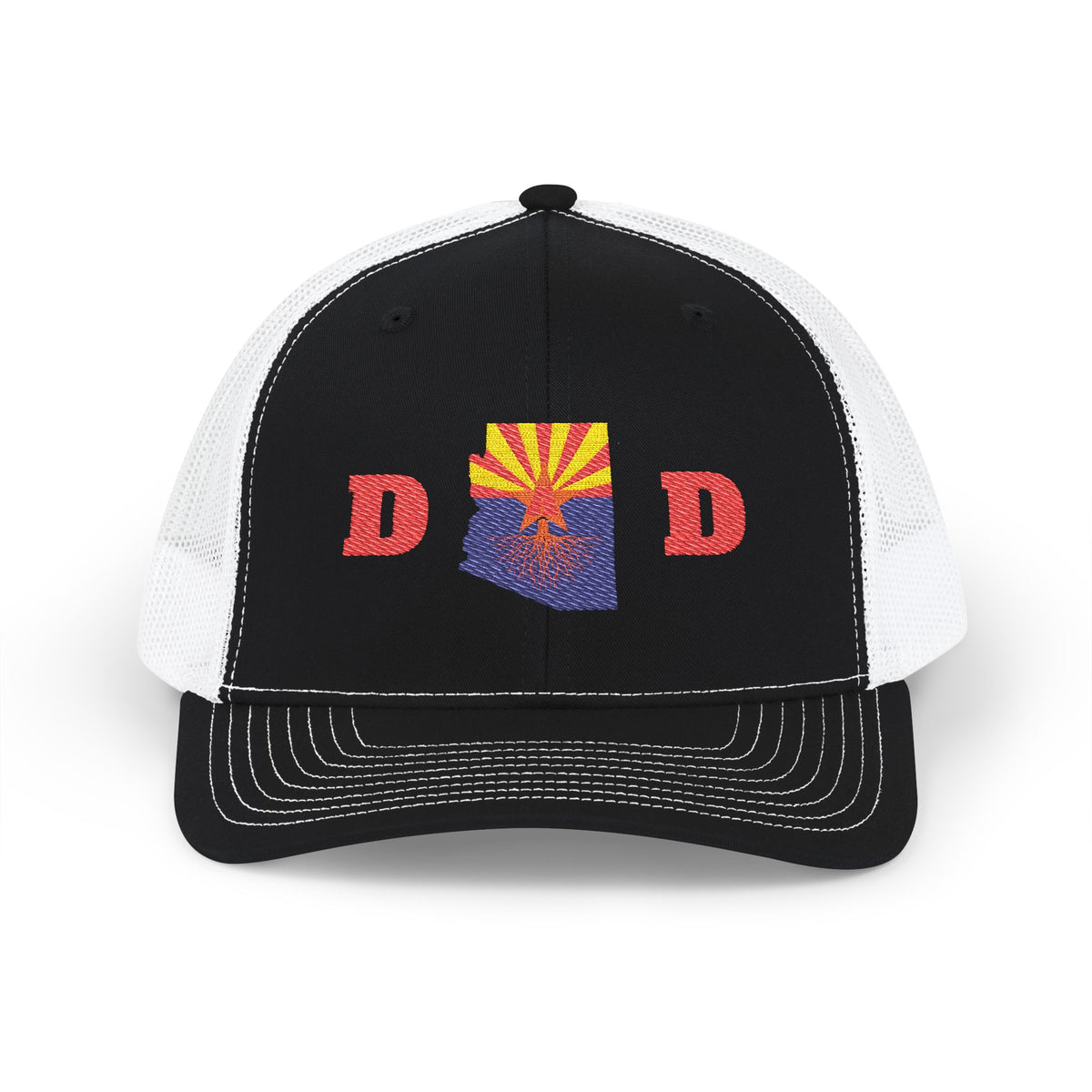 Arizona Dad Snapback Trucker Hat — State Flag Outline with 'DAD' Retro Sunburst Design