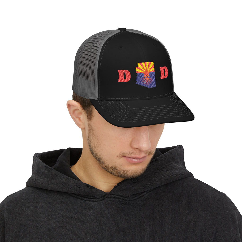 Arizona Dad Snapback Trucker Hat — State Flag Outline with 'DAD' Retro Sunburst Design