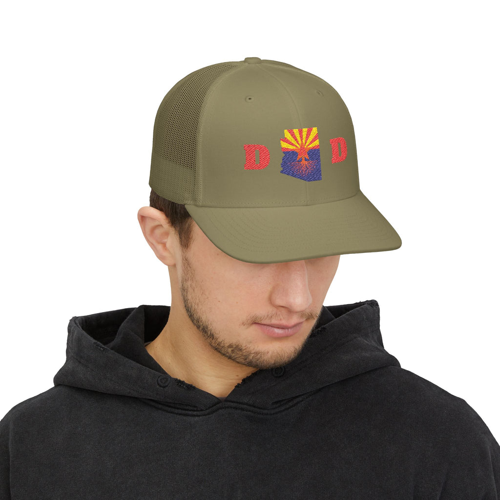 Arizona Dad Snapback Trucker Hat — State Flag Outline with 'DAD' Retro Sunburst Design