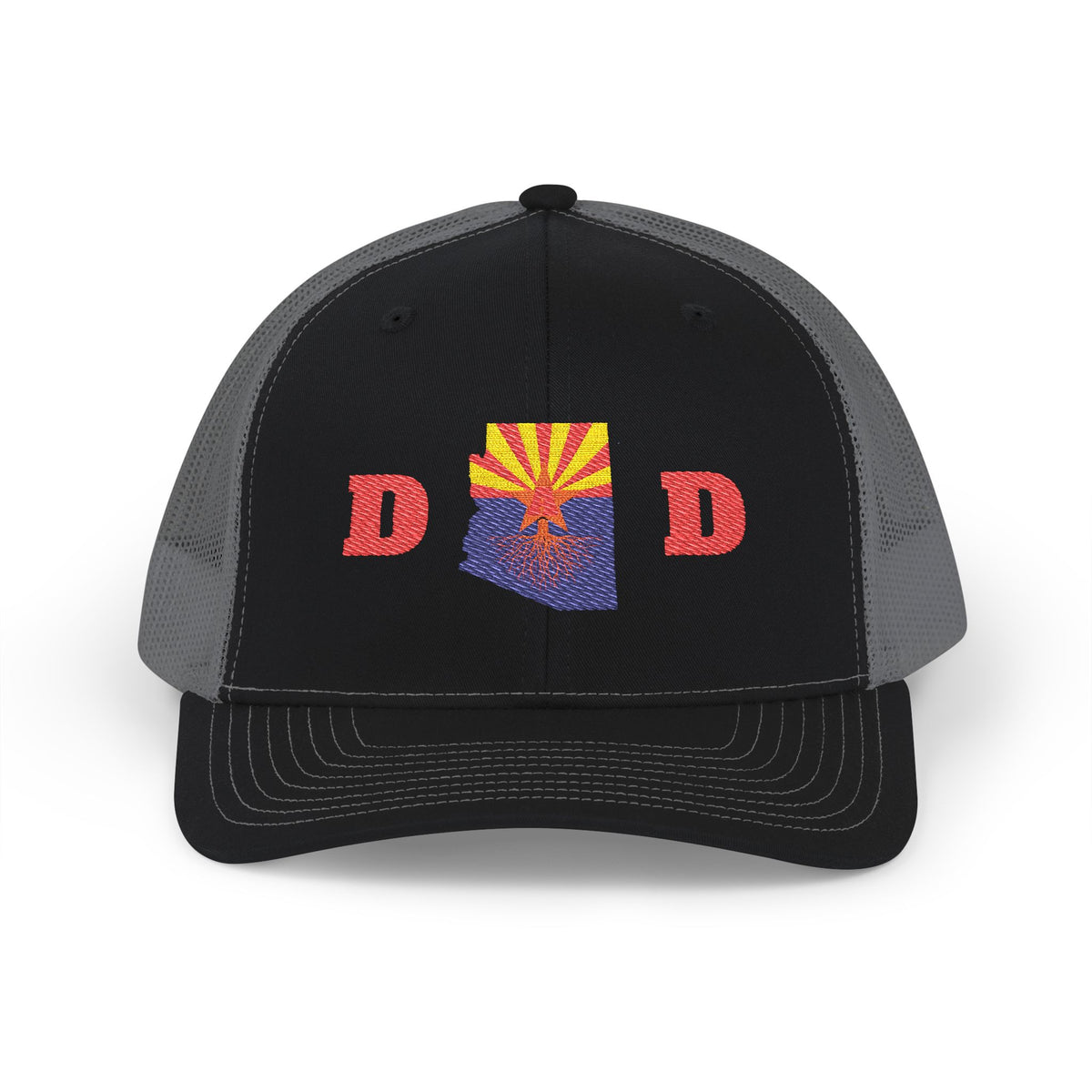 Arizona Dad Snapback Trucker Hat — State Flag Outline with 'DAD' Retro Sunburst Design