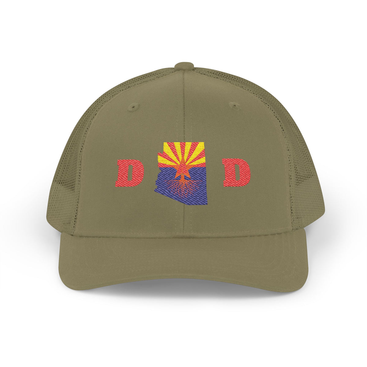 Arizona Dad Snapback Trucker Hat — State Flag Outline with 'DAD' Retro Sunburst Design