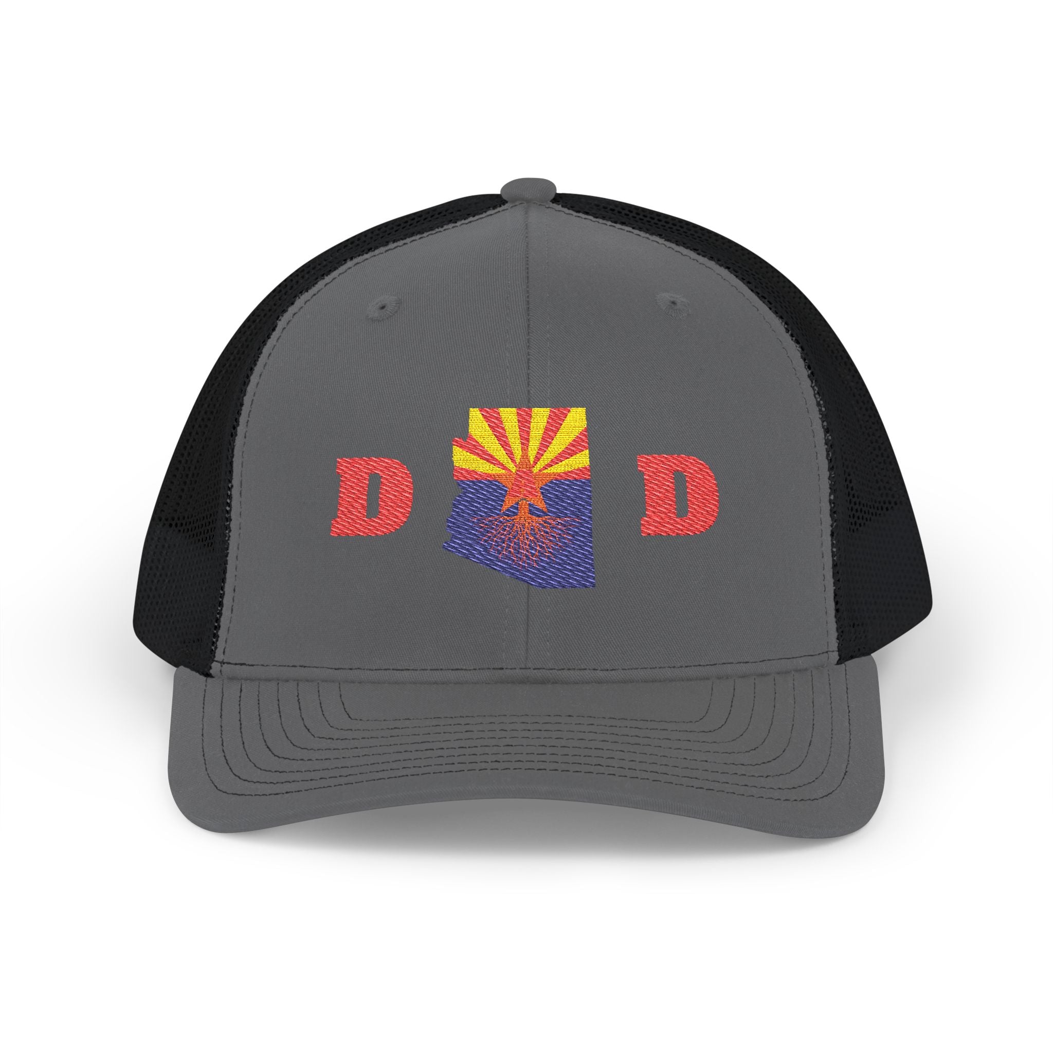 Arizona Dad Snapback Trucker Hat — State Flag Outline with 'DAD' Retro Sunburst Design