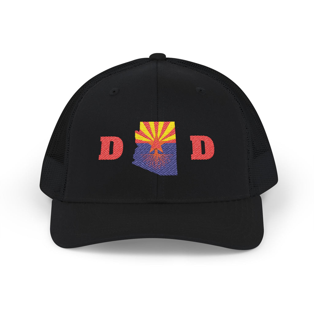 Arizona Dad Snapback Trucker Hat — State Flag Outline with 'DAD' Retro Sunburst Design
