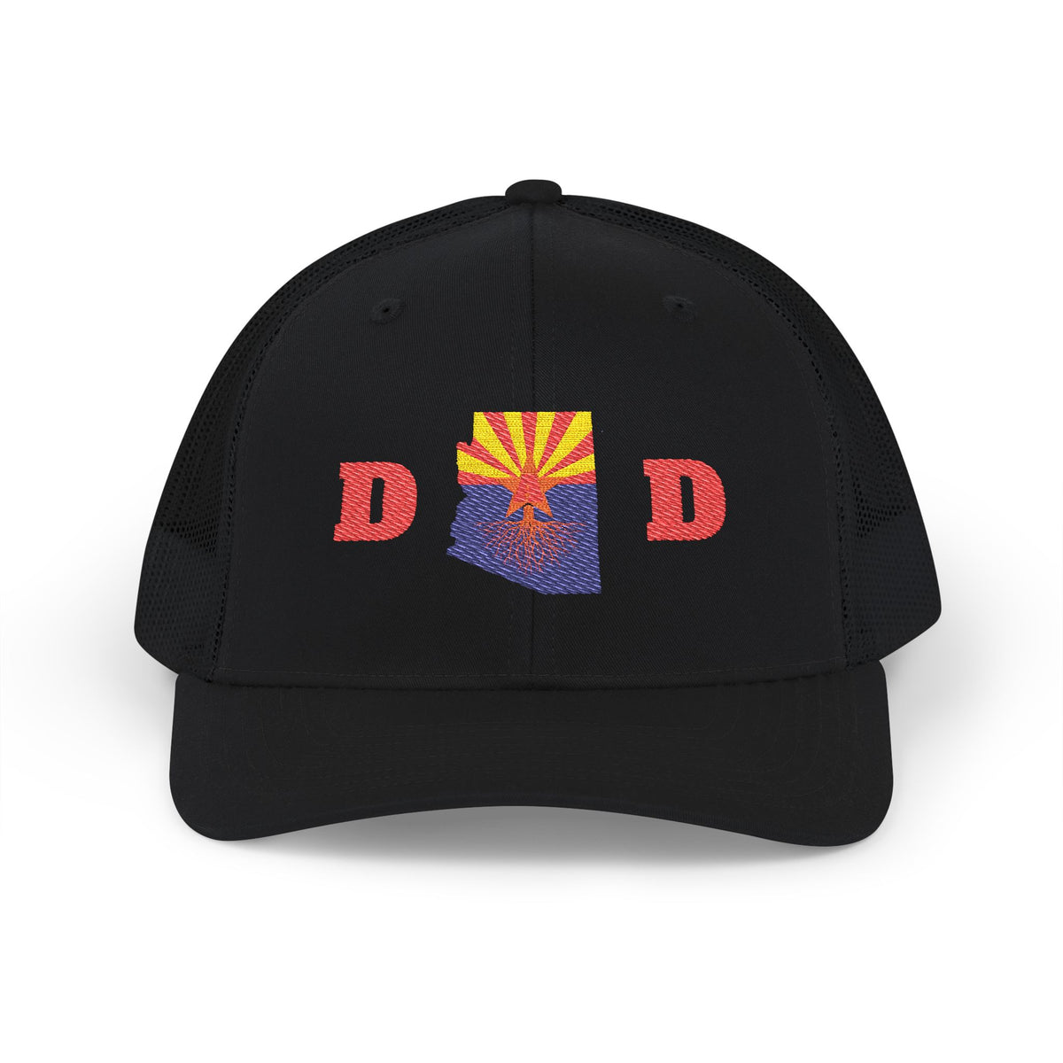 Arizona Dad Snapback Trucker Hat — State Flag Outline with 'DAD' Retro Sunburst Design