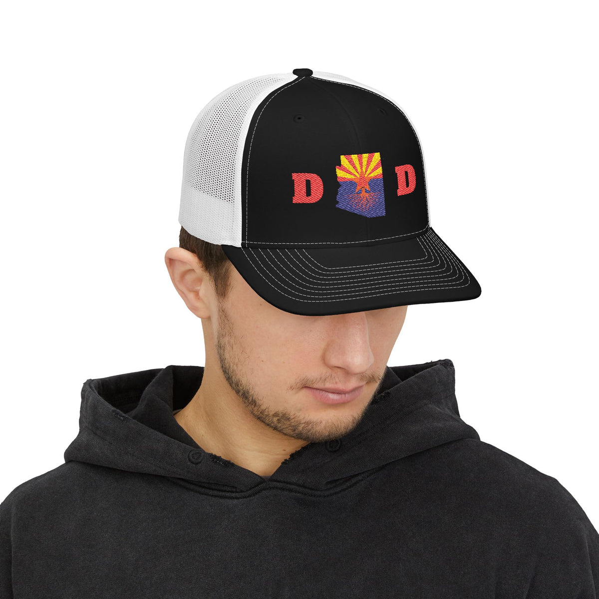 Arizona Dad Snapback Trucker Hat — State Flag Outline with 'DAD' Retro Sunburst Design